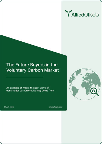 Report cover titled 'The Future Buyers in the Voluntary Carbon Market' with globe graphic and March 2026 date.