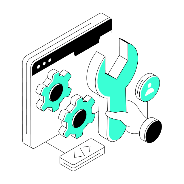 Stylized illustration of a hand holding a wrench in front of a computer window with gears and code symbol, representing software maintenance and development tools.
